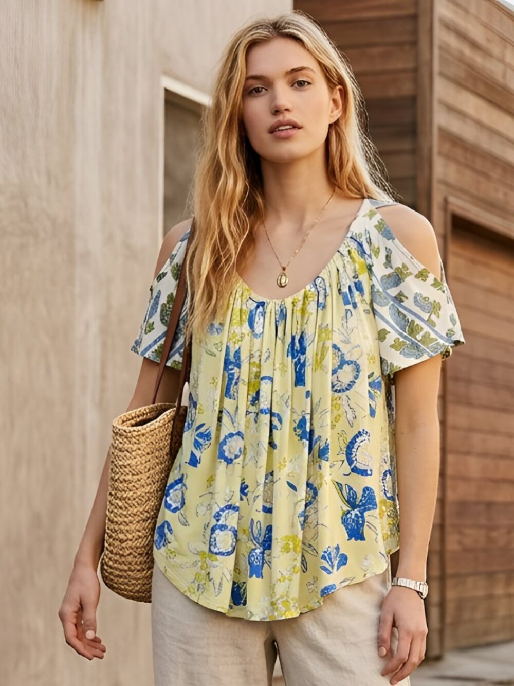 Free People Top Small Baja Babe Yellow Floral Cold Shoulder Flowy Blouse NEW